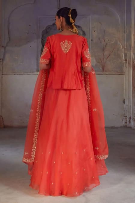 Shop Vinita Bhansali Orange Sequins, Embroidery Round Neck Designer Rajputi Lehenga Set at Aza Fashions Shop_Vinita Bhansali_Orange Sequins, Embroidery Round Neck Designer Rajputi Lehenga Set _at_Aza_Fashions