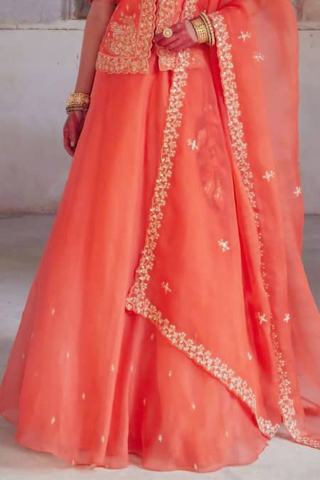 Vinita Bhansali Orange Sequins, Embroidery Round Neck Designer Rajputi Lehenga Set Online at Aza Fashions Vinita Bhansali_Orange Sequins, Embroidery Round Neck Designer Rajputi Lehenga Set _Online_at_Aza_Fashions