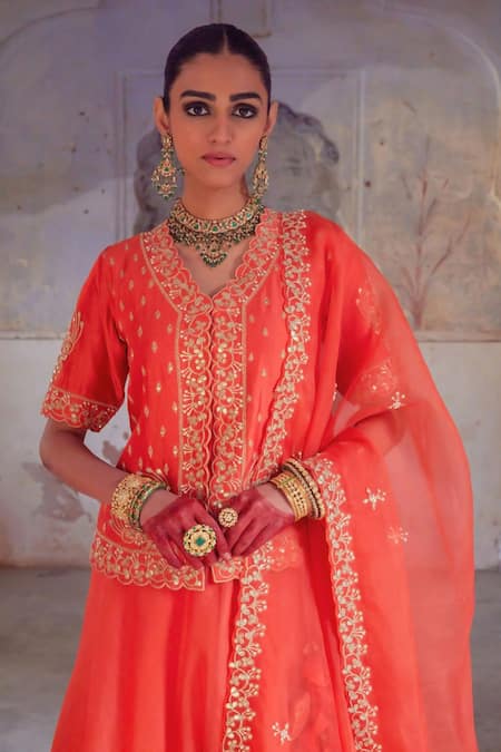 Shop Vinita Bhansali Orange Sequins, Embroidery Round Neck Designer Rajputi Lehenga Set Online at Aza Fashions Shop_Vinita Bhansali_Orange Sequins, Embroidery Round Neck Designer Rajputi Lehenga Set _Online_at_Aza_Fashions