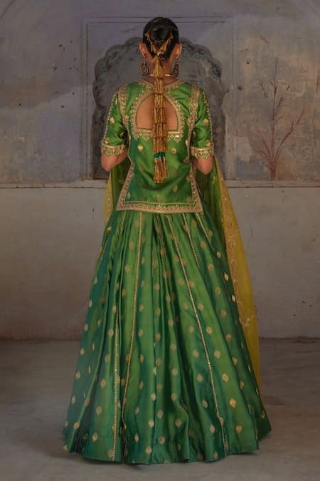Shop Vinita Bhansali Green Embroidery, Zari Split V-neck Dori Marodi Lehenga Set at Aza Fashions Shop_Vinita Bhansali_Green Embroidery, Zari Split V-neck Dori Marodi Lehenga Set _at_Aza_Fashions