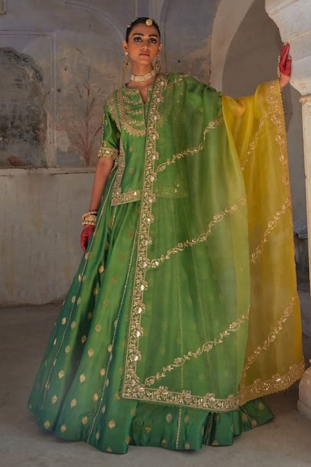 Vinita Bhansali Green Embroidery, Zari Split V-neck Dori Marodi Lehenga Set Online at Aza Fashions Vinita Bhansali_Green Embroidery, Zari Split V-neck Dori Marodi Lehenga Set _Online_at_Aza_Fashions