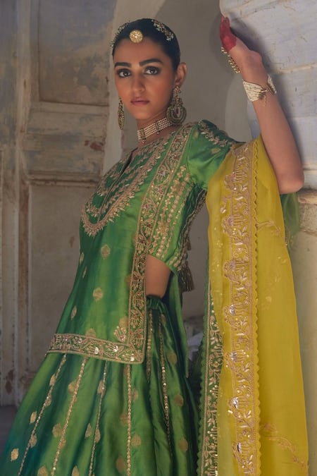 Buy Vinita Bhansali Green Embroidery, Zari Split V-neck Dori Marodi Lehenga Set Online at Aza Fashions Buy_Vinita Bhansali_Green Embroidery, Zari Split V-neck Dori Marodi Lehenga Set _Online_at_Aza_Fashions