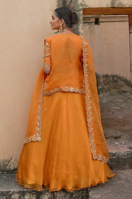 Shop Vinita Bhansali Yellow Embroidery, Sequins, Zari Round Neck Rajputi Lehenga Set at Aza Fashions Shop_Vinita Bhansali_Yellow Embroidery, Sequins, Zari Round Neck Rajputi Lehenga Set _at_Aza_Fashions