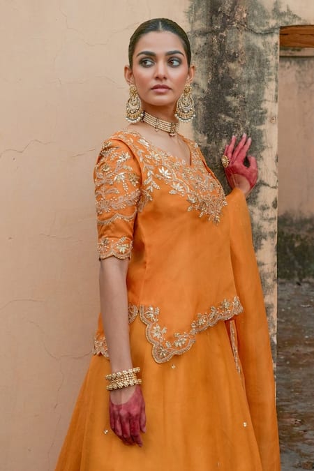 Vinita Bhansali Yellow Embroidery, Sequins, Zari Round Neck Rajputi Lehenga Set Online at Aza Fashions Vinita Bhansali_Yellow Embroidery, Sequins, Zari Round Neck Rajputi Lehenga Set _Online_at_Aza_Fashions
