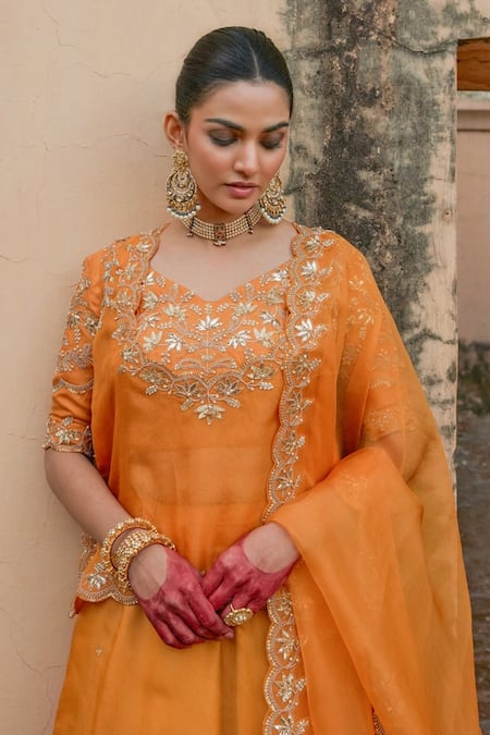 Shop Vinita Bhansali Yellow Embroidery, Sequins, Zari Round Neck Rajputi Lehenga Set Online at Aza Fashions Shop_Vinita Bhansali_Yellow Embroidery, Sequins, Zari Round Neck Rajputi Lehenga Set _Online_at_Aza_Fashions