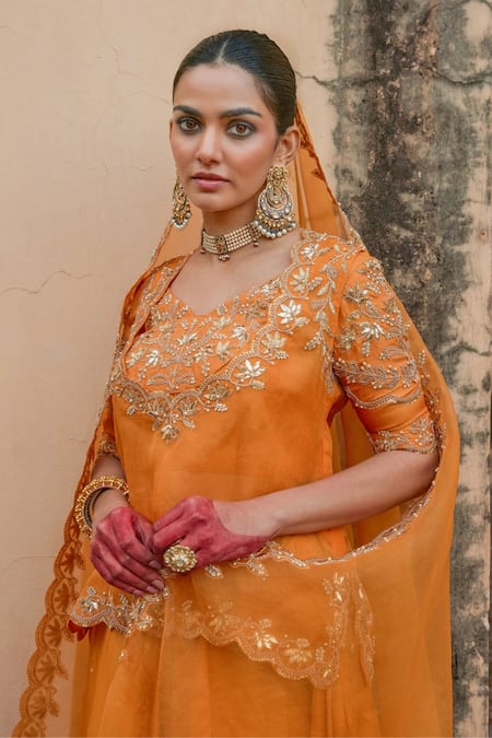 Vinita Bhansali Yellow Embroidery, Sequins, Zari Round Neck Rajputi Lehenga Set at Aza Fashions Vinita Bhansali_Yellow Embroidery, Sequins, Zari Round Neck Rajputi Lehenga Set _at_Aza_Fashions