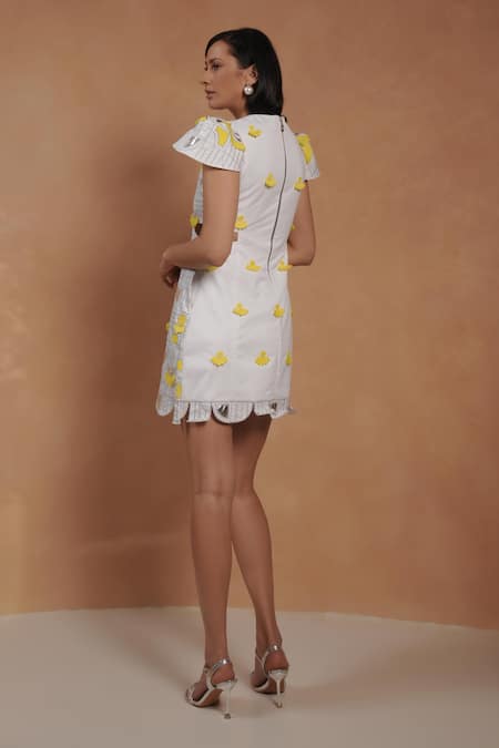 Shop_Vidhi Wadhwani_White Twill, Cotton Applique, Embroidery Round Neck Statement Shift Dress With _at_Aza_Fashions