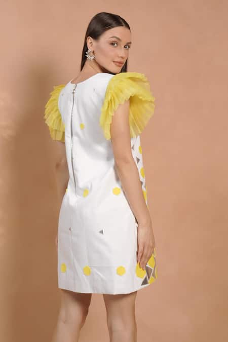 Shop_Vidhi Wadhwani_White Cotton Cut Work Square Neck Metallic Applique Trapeze Dress _at_Aza_Fashions