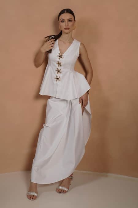 Shop_Vidhi Wadhwani_White Cotton V-neck Peplum Top And Draped Skirt Set _at_Aza_Fashions