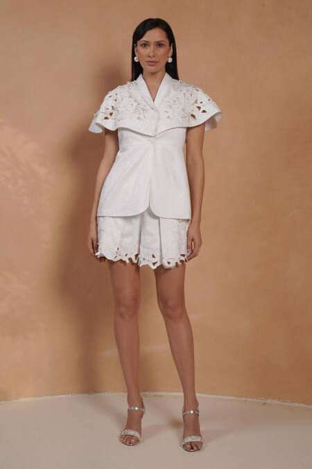 Vidhi Wadhwani_White Twill, Cotton Embroidery Aqua Cape Jacket And Shorts Set _Online_at_Aza_Fashions
