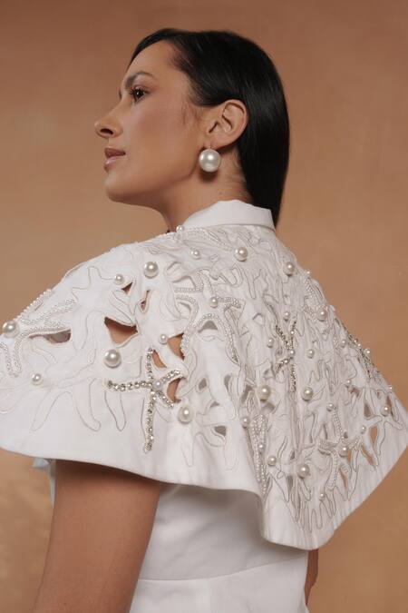 Buy_Vidhi Wadhwani_White Twill, Cotton Embroidery Aqua Cape Jacket And Shorts Set 