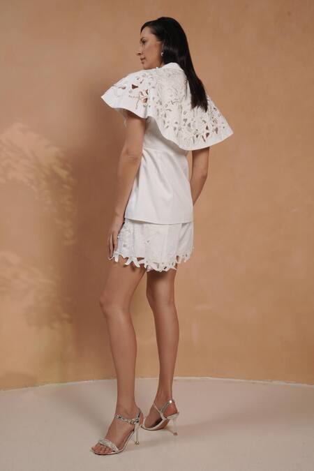 Vidhi Wadhwani Aqua Embroidered Cape Jacket & Shorts Set 