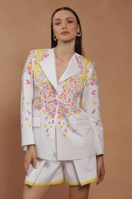 Shop_Vidhi Wadhwani_White Cotton Applique Blazer And Shorts Set _Online_at_Aza_Fashions