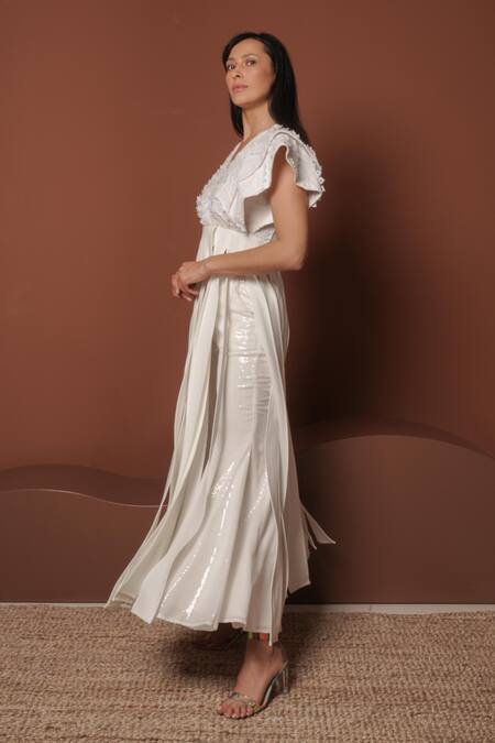 Buy_Vidhi Wadhwani_White Crepe, Silk Embroidery V-neck Fringe Jacket And Pants Set _Online_at_Aza_Fashions