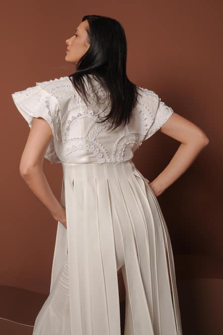 Shop_Vidhi Wadhwani_White Crepe, Silk Embroidery V-neck Fringe Jacket And Pants Set _Online_at_Aza_Fashions