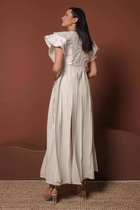 Shop_Vidhi Wadhwani_White Crepe, Silk Embroidery V-neck Fringe Jacket And Pants Set _at_Aza_Fashions