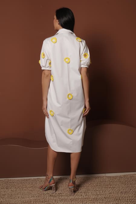 Shop_Vidhi Wadhwani_White Cotton Fabric Flowers Collared Floral Applique Midi Shirt Dress _at_Aza_Fashions