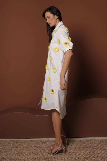Vidhi Wadhwani_White Cotton Fabric Flowers Collared Floral Applique Midi Shirt Dress _Online_at_Aza_Fashions