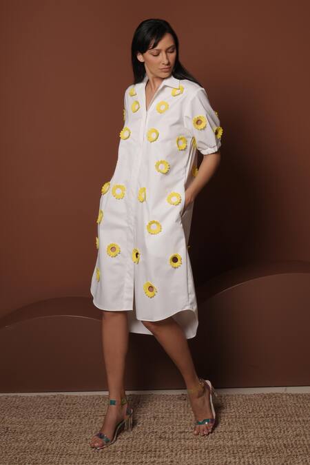 Buy_Vidhi Wadhwani_White Cotton Fabric Flowers Collared Floral Applique Midi Shirt Dress _Online_at_Aza_Fashions