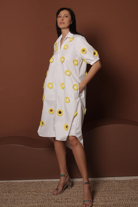 Shop_Vidhi Wadhwani_White Cotton Fabric Flowers Collared Floral Applique Midi Shirt Dress _Online_at_Aza_Fashions
