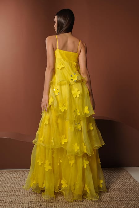 Shop_Vidhi Wadhwani_Yellow Organza Fabric Flowers Open Neck Tiered Ruffle Maxi Dress _at_Aza_Fashions