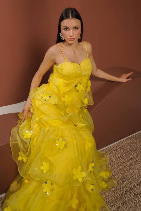 Buy_Vidhi Wadhwani_Yellow Organza Fabric Flowers Open Neck Tiered Ruffle Maxi Dress _Online_at_Aza_Fashions