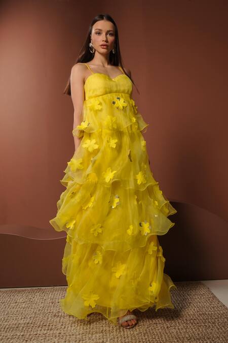 Shop_Vidhi Wadhwani_Yellow Organza Fabric Flowers Open Neck Tiered Ruffle Maxi Dress _Online_at_Aza_Fashions