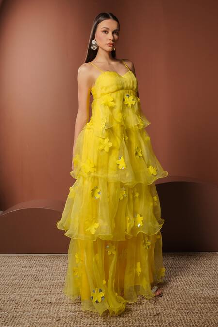 Vidhi Wadhwani_Yellow Organza Fabric Flowers Open Neck Tiered Ruffle Maxi Dress _at_Aza_Fashions