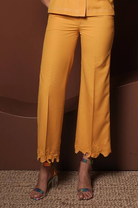Buy_Vidhi Wadhwani_Yellow Cotton Embroidery Collared Cropped Jacket And Pant Set _Online_at_Aza_Fashions