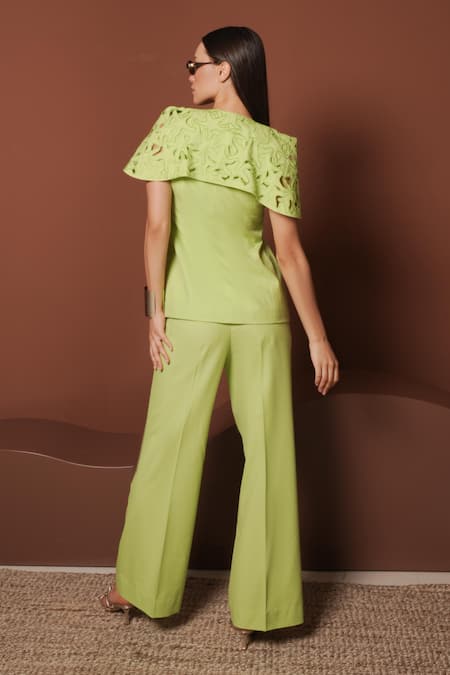 Shop_Vidhi Wadhwani_Green Twill, Cotton Cutwork Cape Jacket Pant Set _at_Aza_Fashions