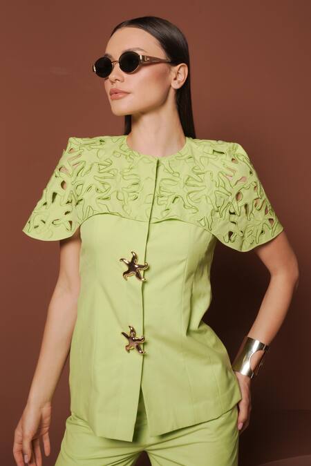 Vidhi Wadhwani_Green Twill, Cotton Cutwork Cape Jacket Pant Set _Online_at_Aza_Fashions