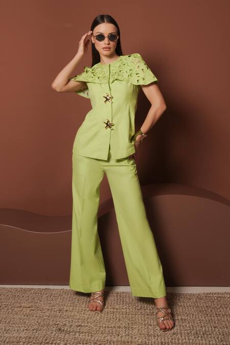 Buy_Vidhi Wadhwani_Green Twill, Cotton Cutwork Cape Jacket Pant Set _Online_at_Aza_Fashions