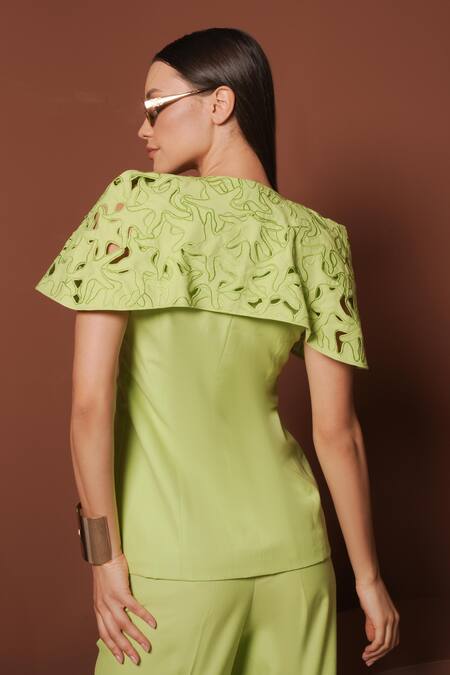Shop_Vidhi Wadhwani_Green Twill, Cotton Cutwork Cape Jacket Pant Set _Online_at_Aza_Fashions