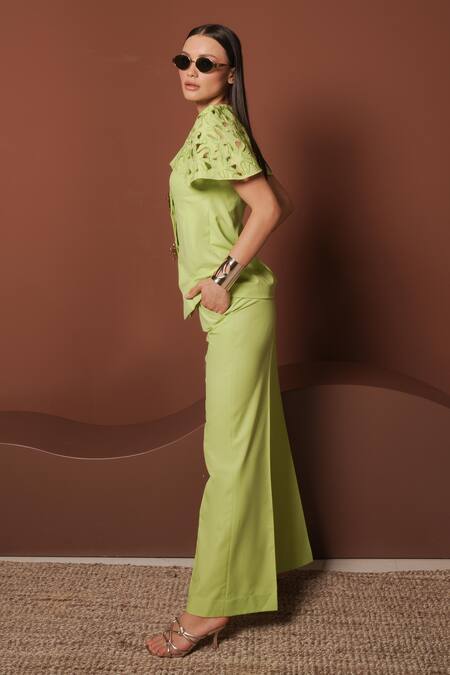 Vidhi Wadhwani_Green Twill, Cotton Cutwork Cape Jacket Pant Set _at_Aza_Fashions