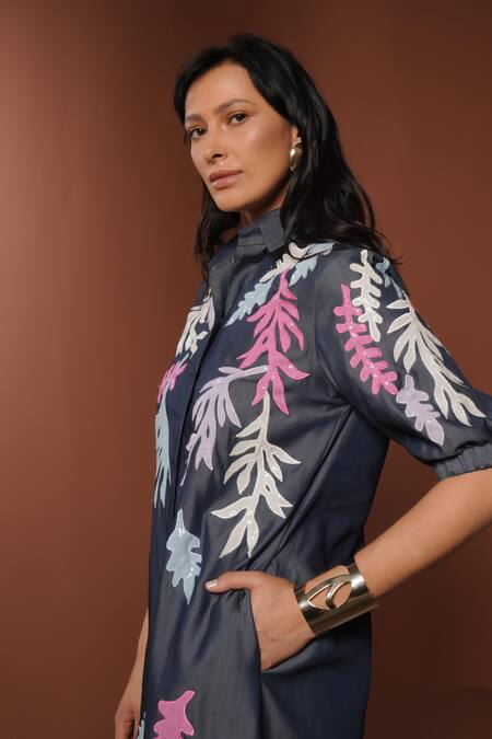 Vidhi Wadhwani_Multi Color Denim Fabric Flowers Collared Floral Applique Midi Shirt Dress _Online_at_Aza_Fashions