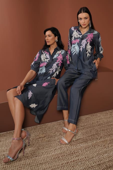 Buy_Vidhi Wadhwani_Multi Color Denim Fabric Flowers Collared Floral Applique Midi Shirt Dress _Online_at_Aza_Fashions