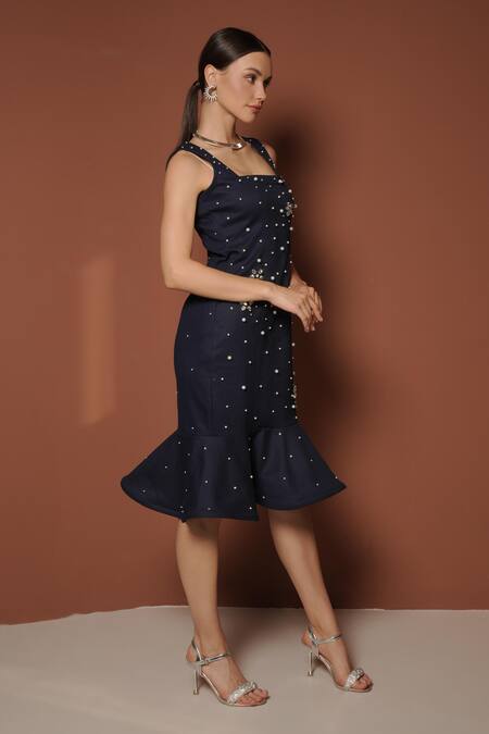 Vidhi Wadhwani_Navy Denim Crystals Square Neck Peplum Dress With Embellishments _Online_at_Aza_Fashions