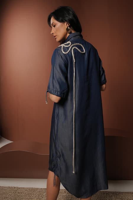 Shop_Vidhi Wadhwani_Blue Denim Collared Designer Shirt Dress With Golden Rope Work _at_Aza_Fashions