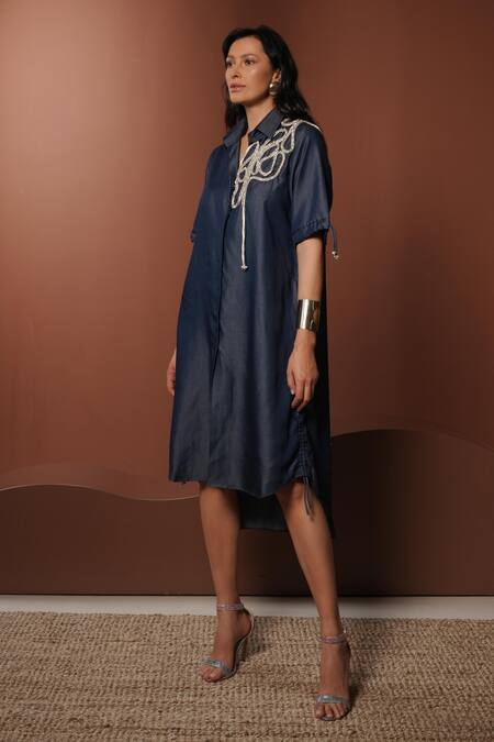 Vidhi Wadhwani_Blue Denim Collared Designer Shirt Dress With Golden Rope Work _Online_at_Aza_Fashions