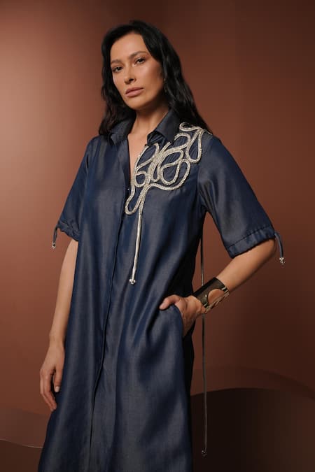 Buy_Vidhi Wadhwani_Blue Denim Collared Designer Shirt Dress With Golden Rope Work _Online_at_Aza_Fashions