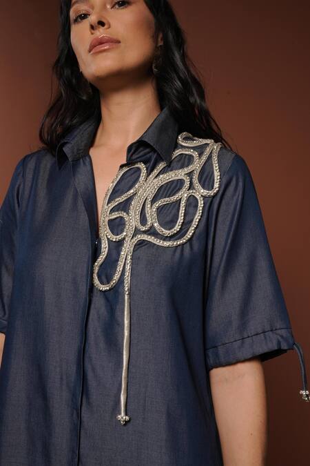 Shop_Vidhi Wadhwani_Blue Denim Collared Designer Shirt Dress With Golden Rope Work _Online_at_Aza_Fashions