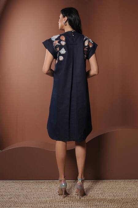 Shop_Vidhi Wadhwani_Navy Denim Embroidery V-neck Printed Motif Tunic Dress _at_Aza_Fashions