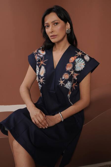 Vidhi Wadhwani_Navy Denim Embroidery V-neck Printed Motif Tunic Dress _Online_at_Aza_Fashions