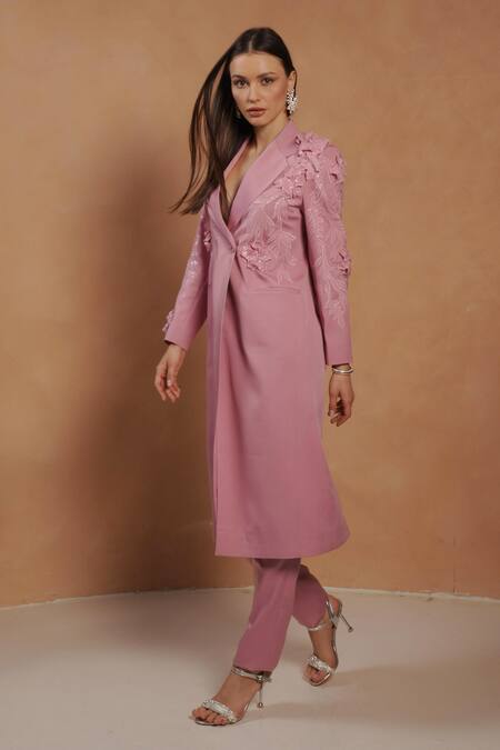 Buy_Vidhi Wadhwani_Pink Crepe Applique Floral Embroidered Blazer Pant Set _Online_at_Aza_Fashions