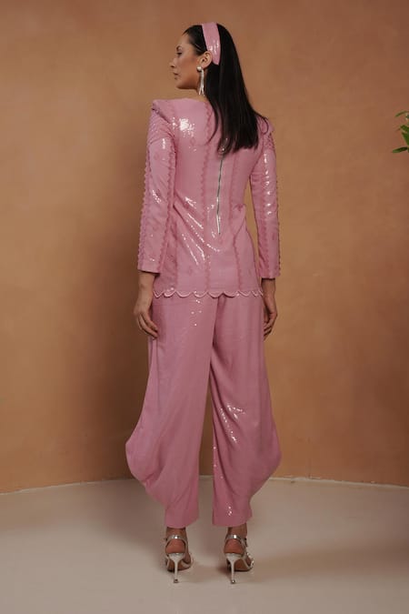 Shop_Vidhi Wadhwani_Pink Sequins V-neck Top And Draped Pants Set _at_Aza_Fashions
