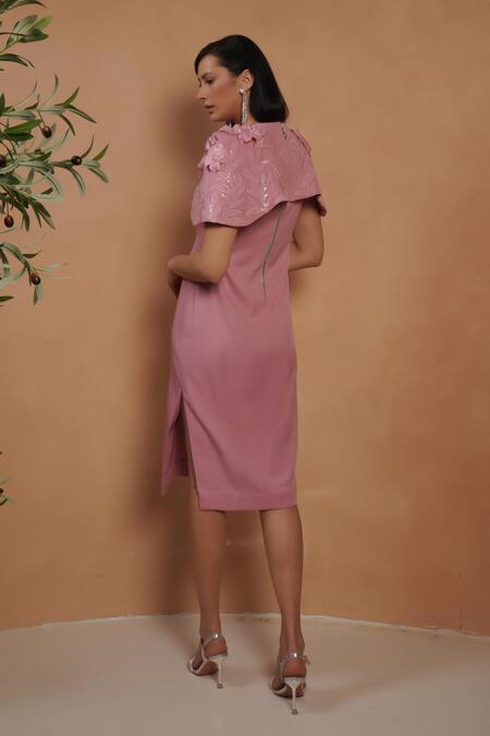 Shop_Vidhi Wadhwani_Pink Crepe Asymmetric Sequin Cape Midi Dress _at_Aza_Fashions