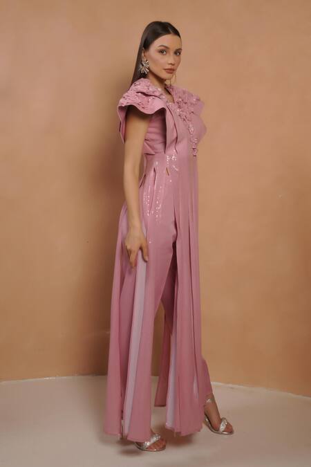 Vidhi Wadhwani_Pink Applique V-neck Structured Panel Kurta Set _Online_at_Aza_Fashions