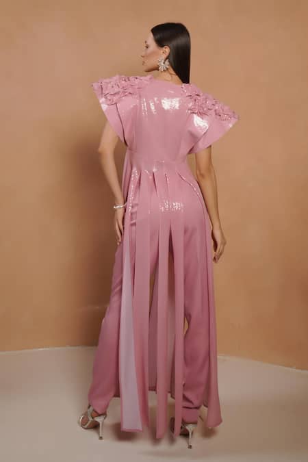 Shop_Vidhi Wadhwani_Pink Applique V-neck Structured Panel Kurta Set _at_Aza_Fashions
