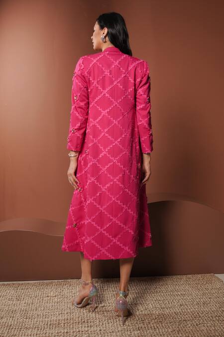 Shop_Vidhi Wadhwani_Pink Crepe Applique, Beads Round Neck Geometric Blazer And Skirt Set _at_Aza_Fashions
