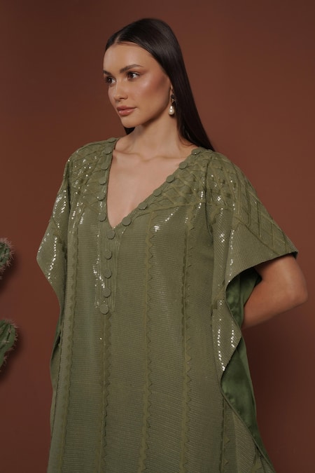 Shop_Vidhi Wadhwani_Green Sequins, Applique V-neck Lace Kaftan _at_Aza_Fashions